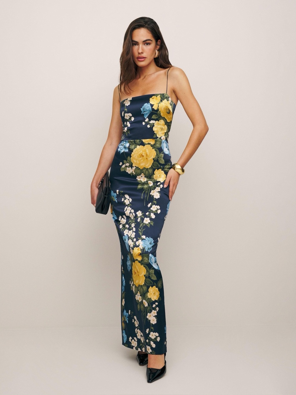 Reformation 4 Frankie Silk Maxi Dress Navy Blue Floral
